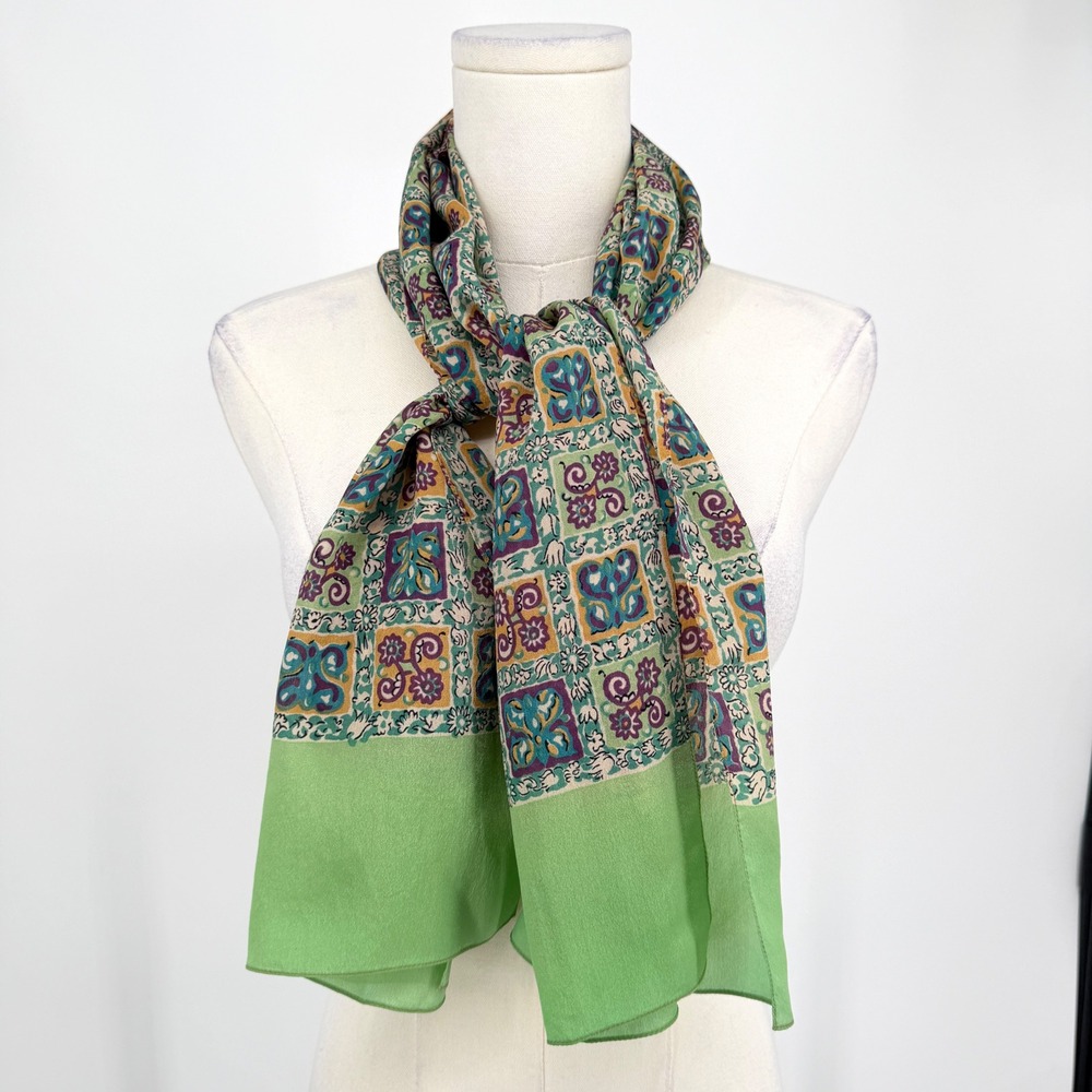 Vintage Liberty of London Silk Scarf 17x50 Green Purple Gold Floral Tile Print